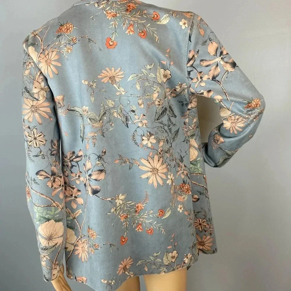 Soft Surroundings Womens Small Gray Floral Open Front Blazer Microsuede Stretch
